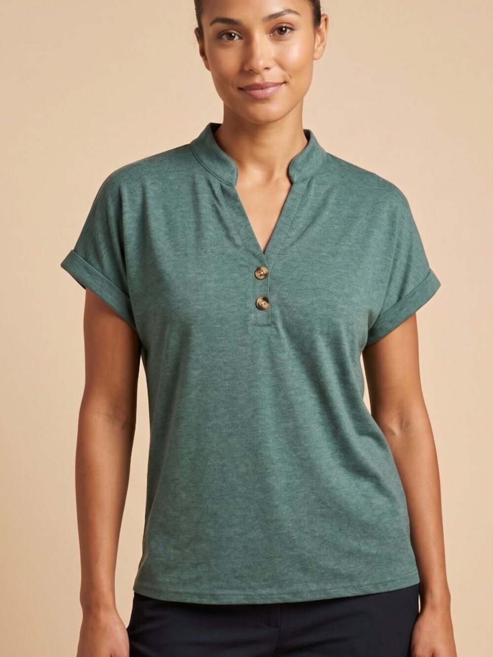 NWOT | Forest Green V-Neck Henley Roll Tab Short Sleeve Top | Small